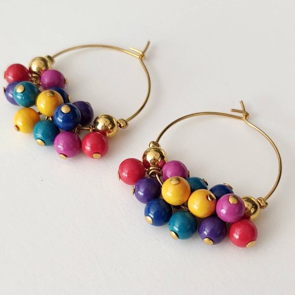 Gold hoops with multi color round dangle beads - Picture 7 of 7